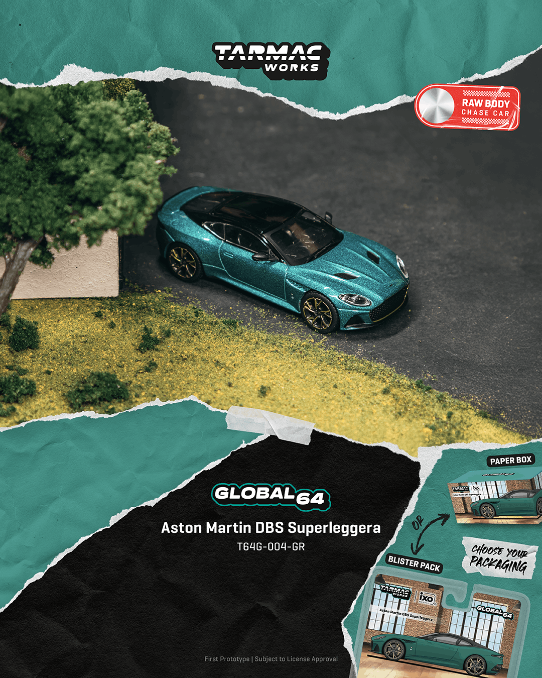 Model car of Aston Martin DBS Superleggera by Tarmac Works on a grassy area with branding elements.