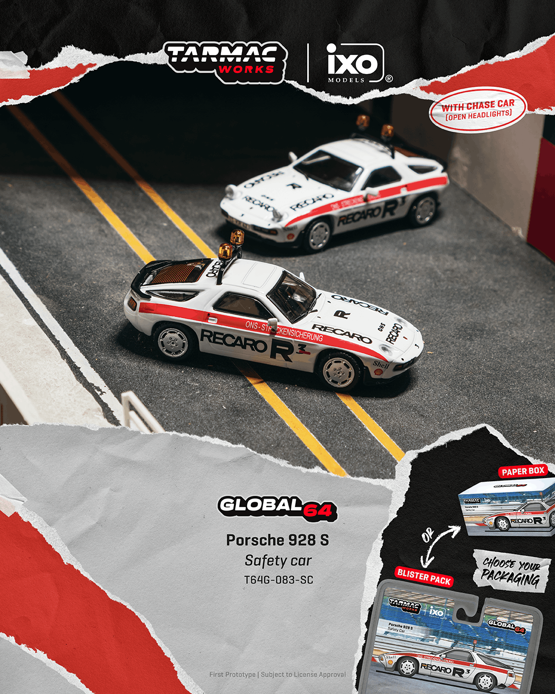 Two model cars on a track with Tarmac Works and ixo branding.