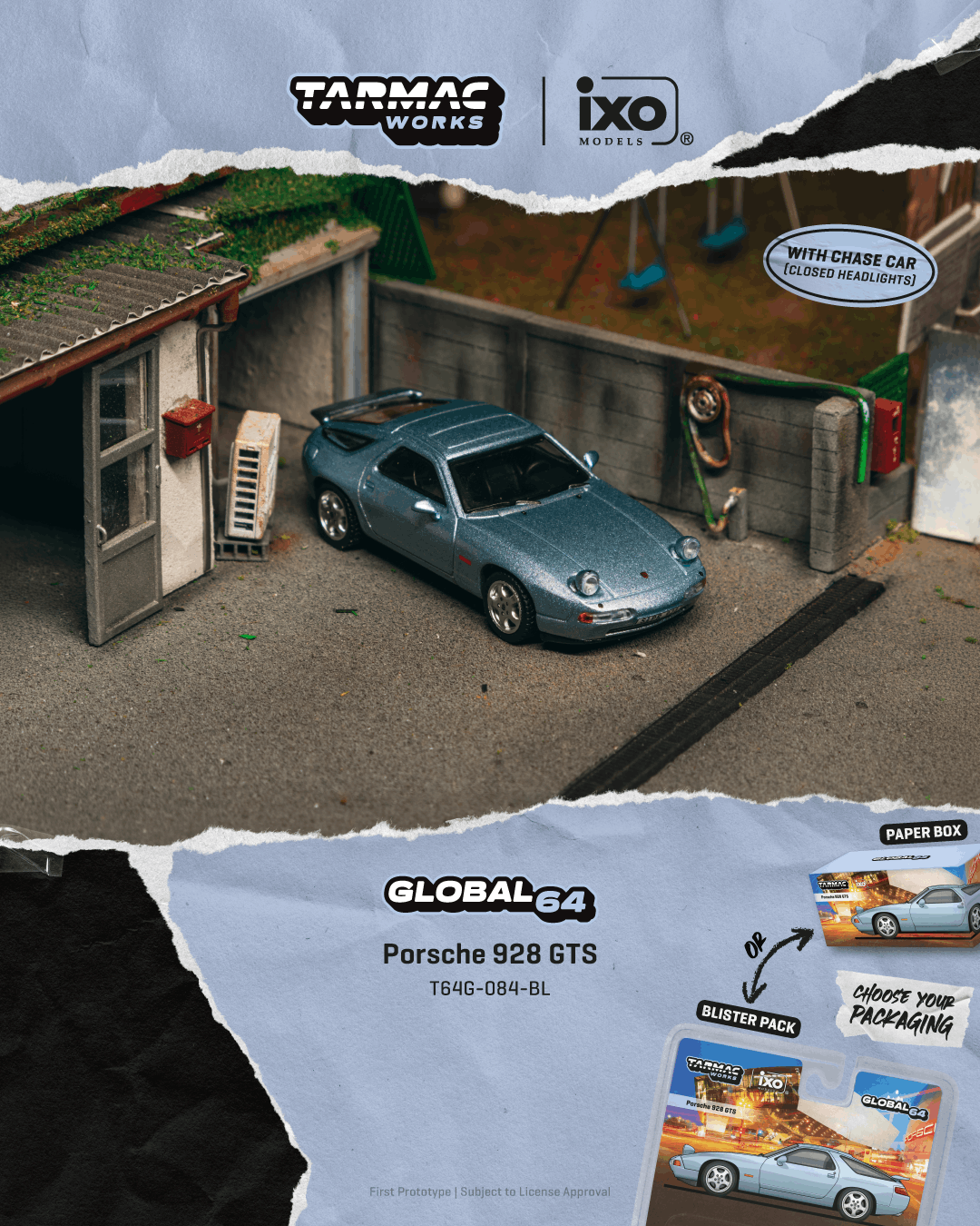 Model Porsche 928 GTS in a garage with Tarmac Works and ixo branding.
