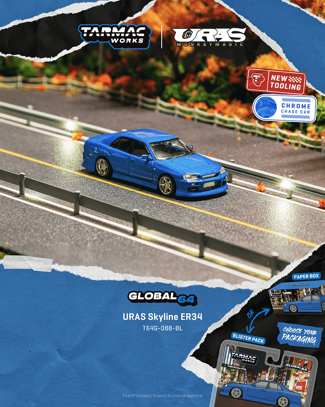 Model car on a miniature road with promotional text and logos.