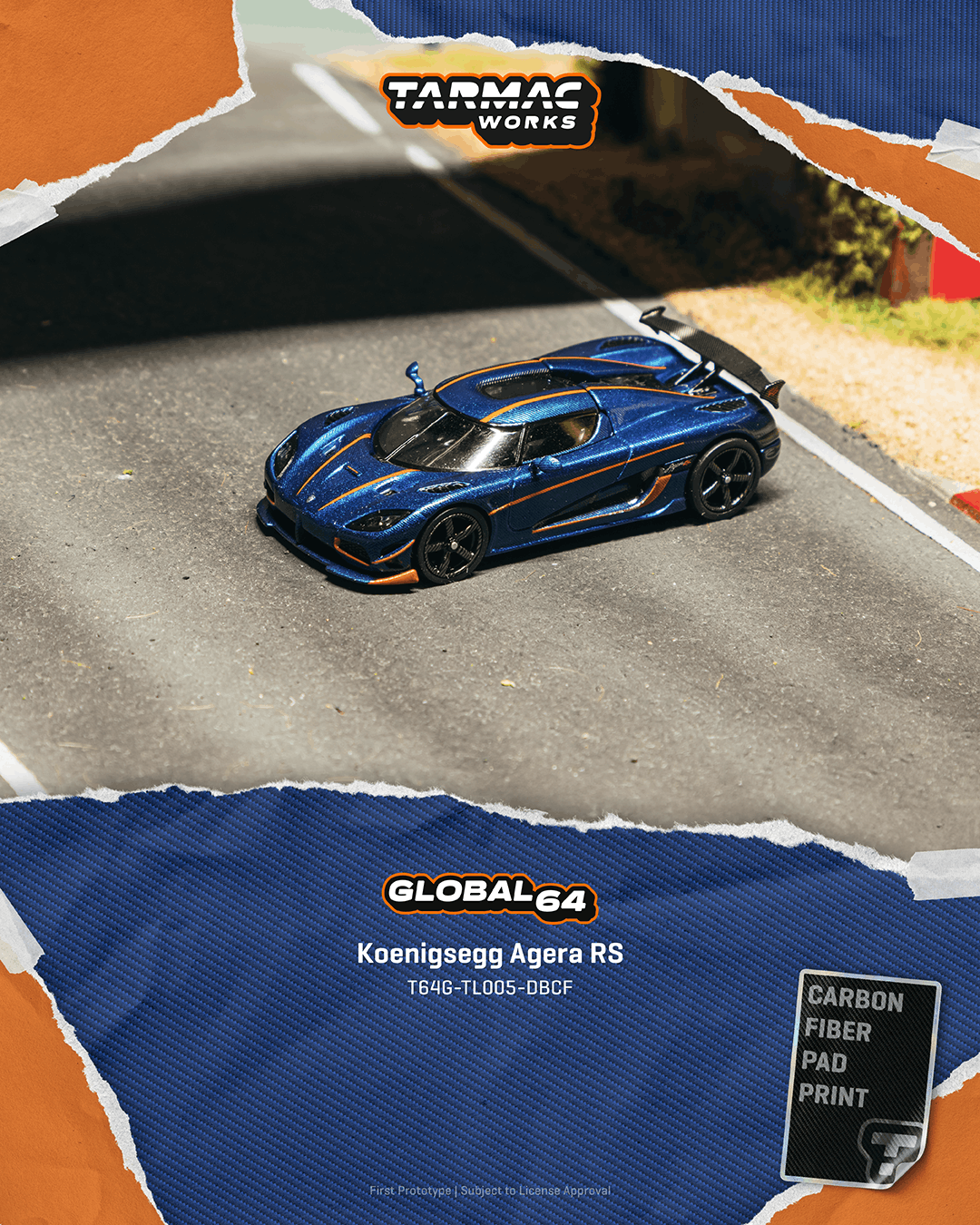 Model car of Koenigsegg Agera RS on a road with Tarmac Works branding.