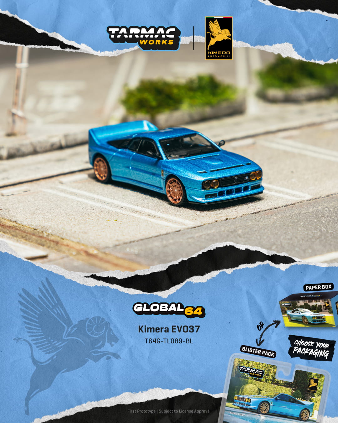 A promotional graphic for a Tarmac Works x Global64 collectible model car, showing a metallic blue Kirera EV037 diecast model on a miniature road scene. The design features a torn-paper collage effect with blue and white sections, displaying the Tarmac Works logo, the Global64 model number, and packaging details.