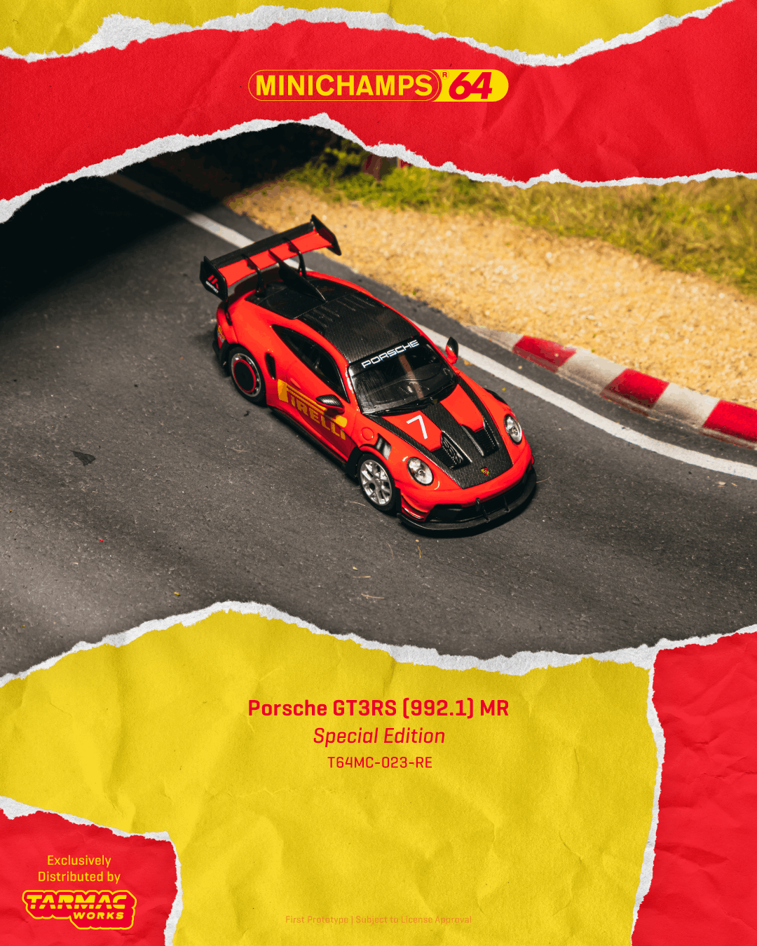A red and black Porsche 911 GT3RS model car on a miniature racetrack, presented with a torn-paper graphic overlay featuring the text 'MINICHAMPS 64' and 'Porsche GT3RS (992.1) MR Special Edition'.