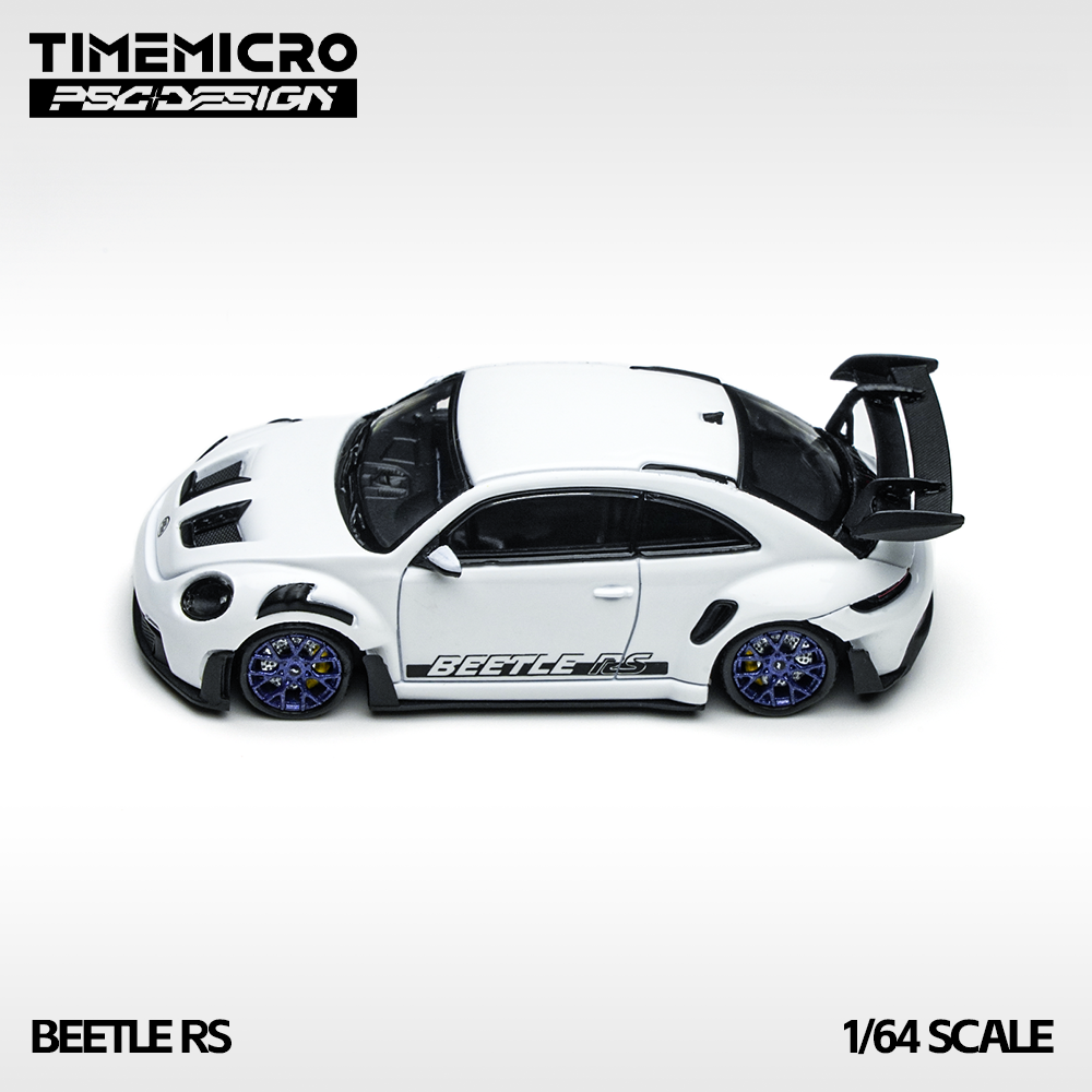 Model car of a Beetle RS with open doors on a white background, featuring the Timemicro logo.