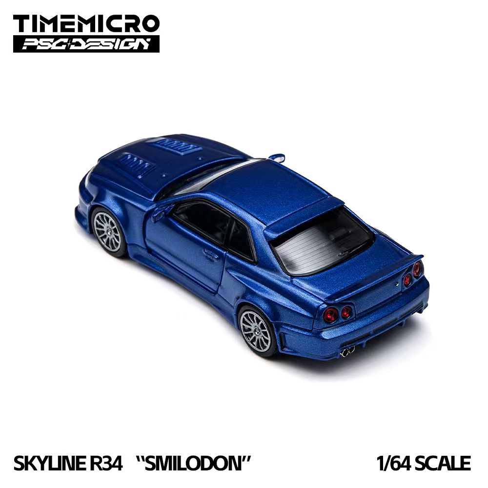 A 1/64 scale model of a blue Nissan Skyline R34 'Smilodon' diecast car by TimeMicro FSC Design, shown from a rear three-quarter angle on a white background with text overlays.