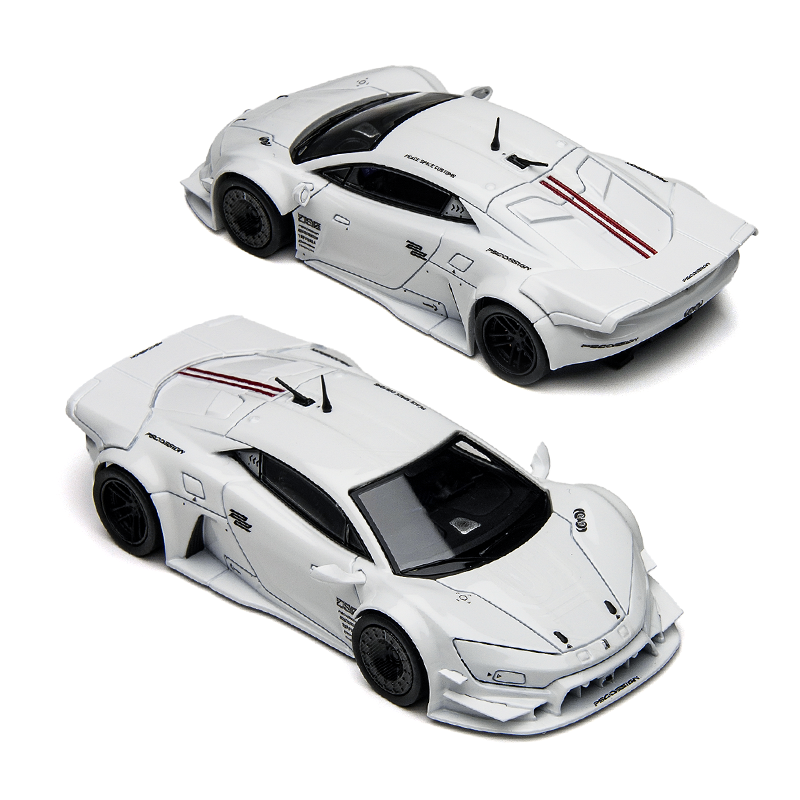 Two white sports car models shown from different angles on a plain background, featuring sleek aerodynamic designs, black accents, and a bold, modern look.