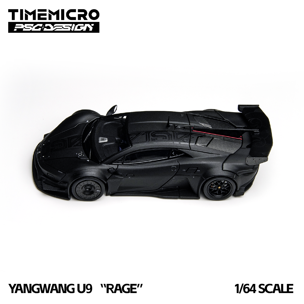 A black 1/64 scale model of the Yangwang U9 "Rage" car is displayed on a white background. The sleek design emphasizes speed and performance.