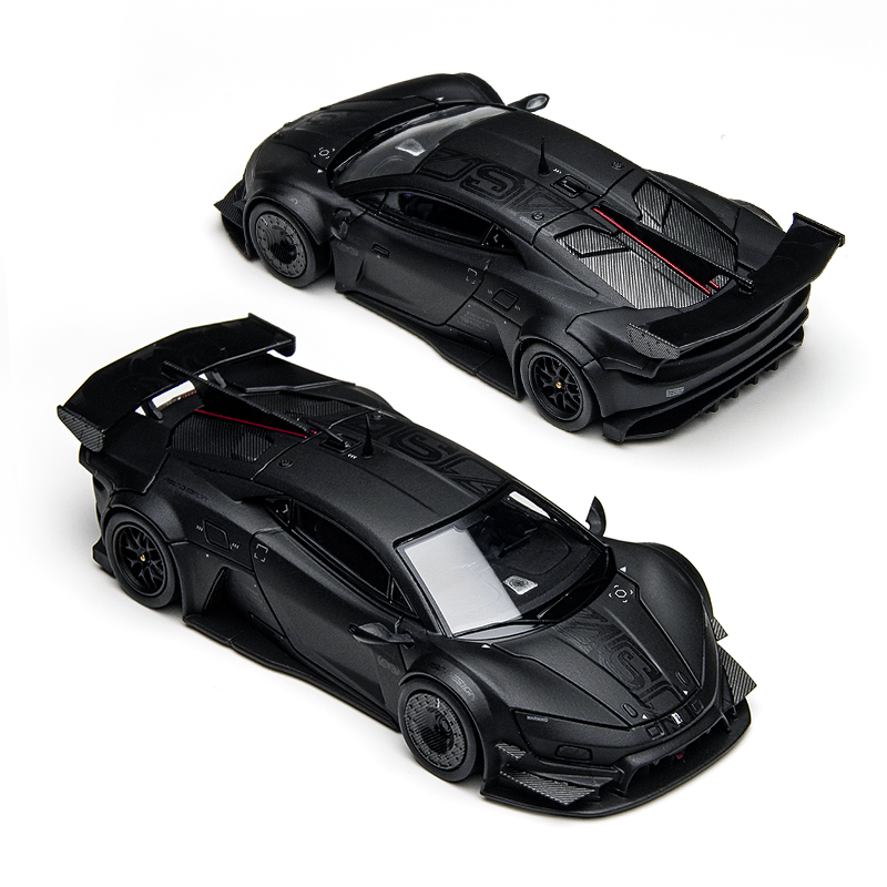 Two sleek, matte black toy sports cars are shown on a white background, featuring aerodynamic designs and prominent rear spoilers, conveying speed and elegance.