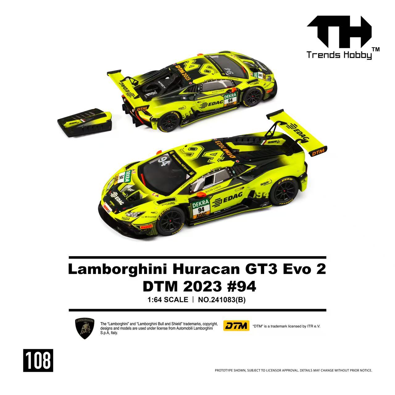 Model car of Lamborghini Huracan GT3 Evo 2 DTM 2023 #94 with packaging on a white background, featuring Trends Hobby branding.