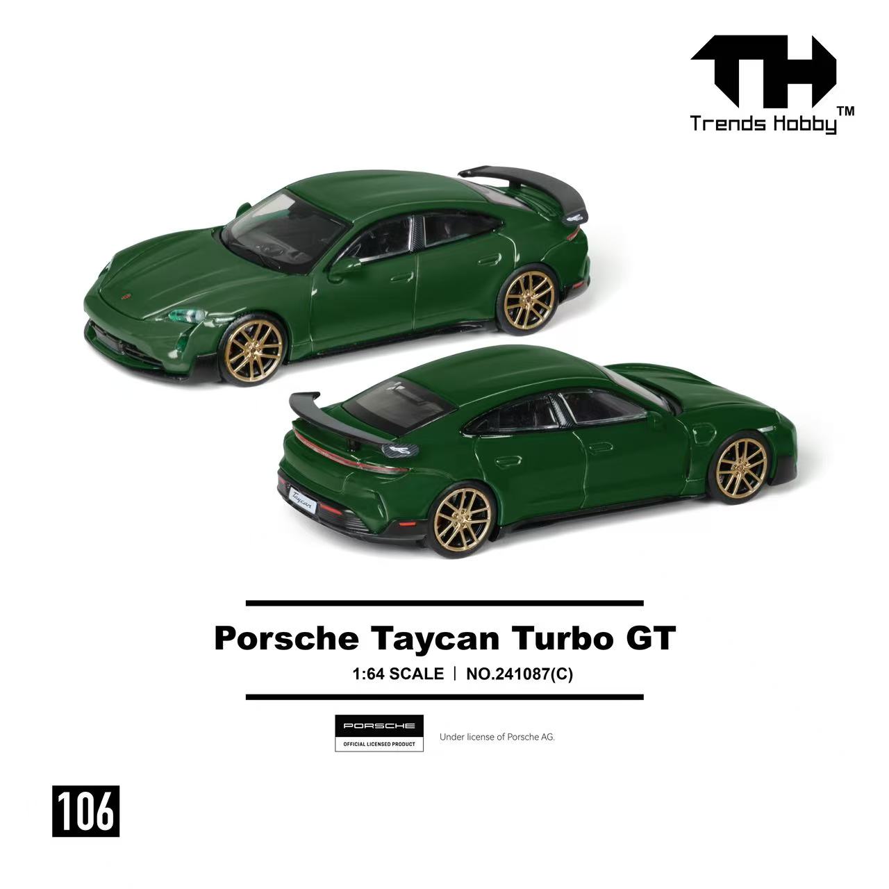 Model of a green Porsche Taycan Turbo GT with 'Trends Hobby' branding.