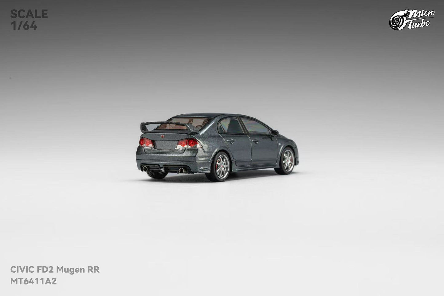 Model car of a Civic FD2 Mugen RR on a gray background