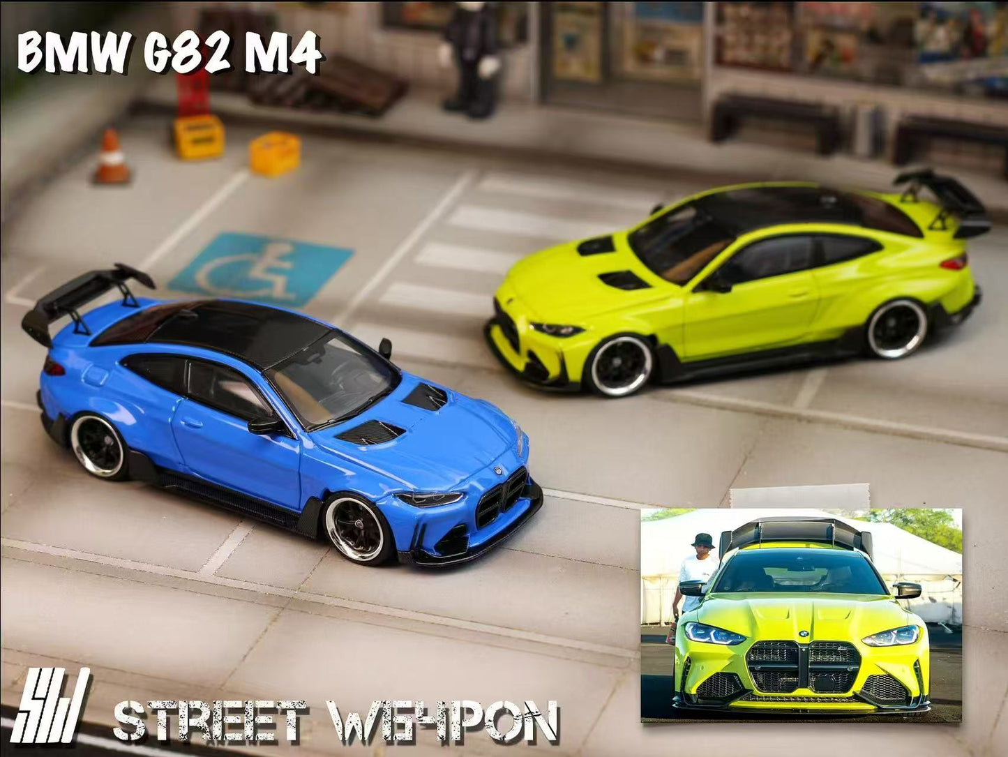Two model cars, one blue and one yellow, on a display surface with 'Street Weapon' branding.