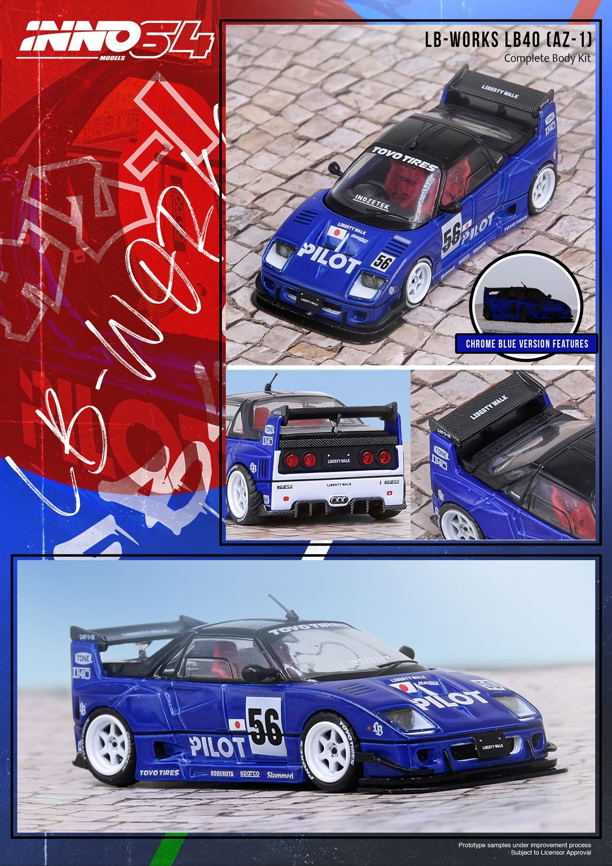 Promotional image of a blue model car with 'Pilot' branding, featuring INNO54 logo on the left.
