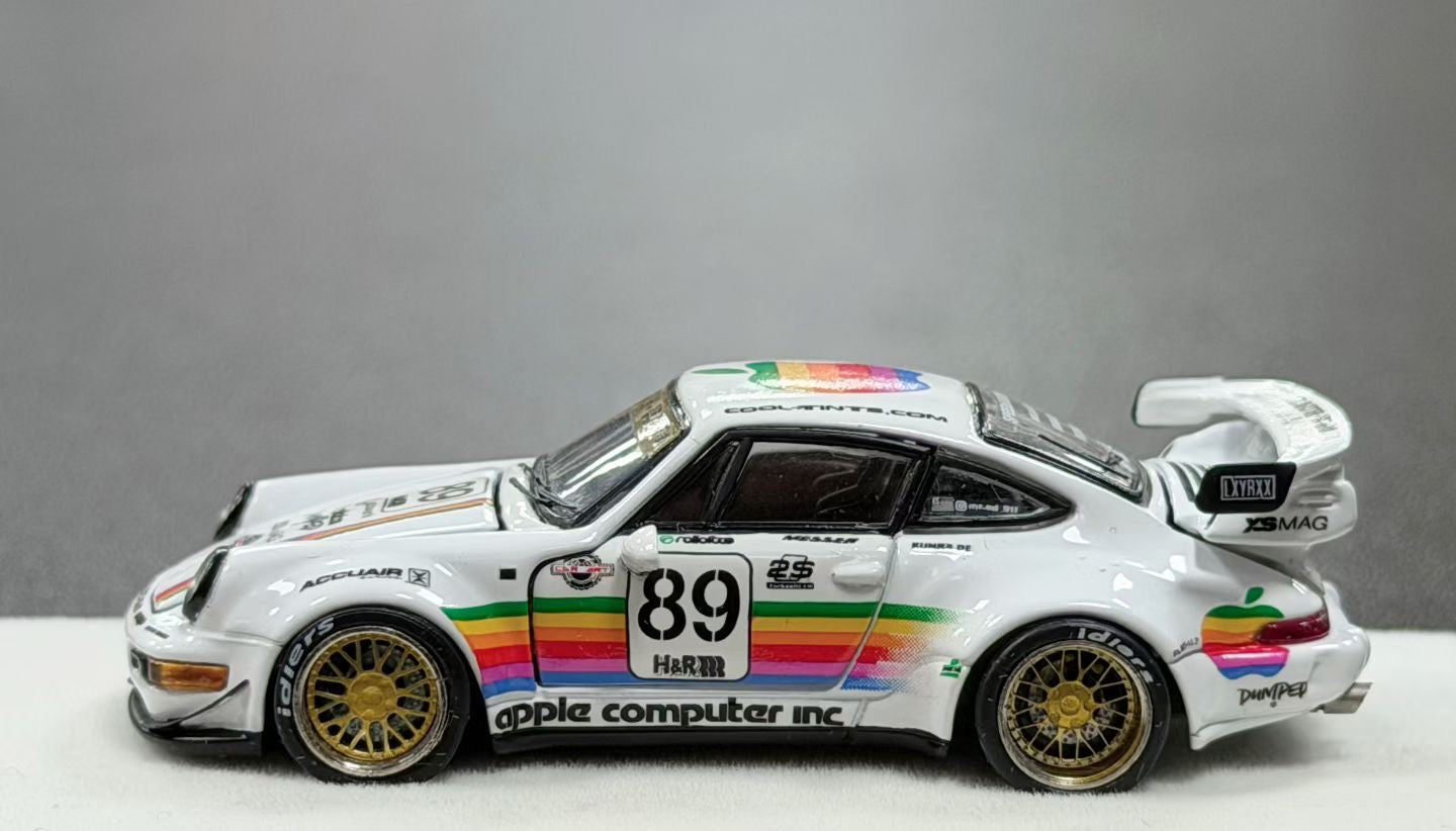 Model car with colorful design and '89' on a gray background