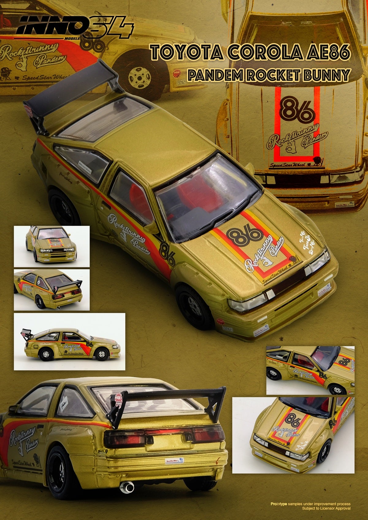 Model toy car of a Toyota Corola AE86 Pandem Rocket Bunny on a gold background