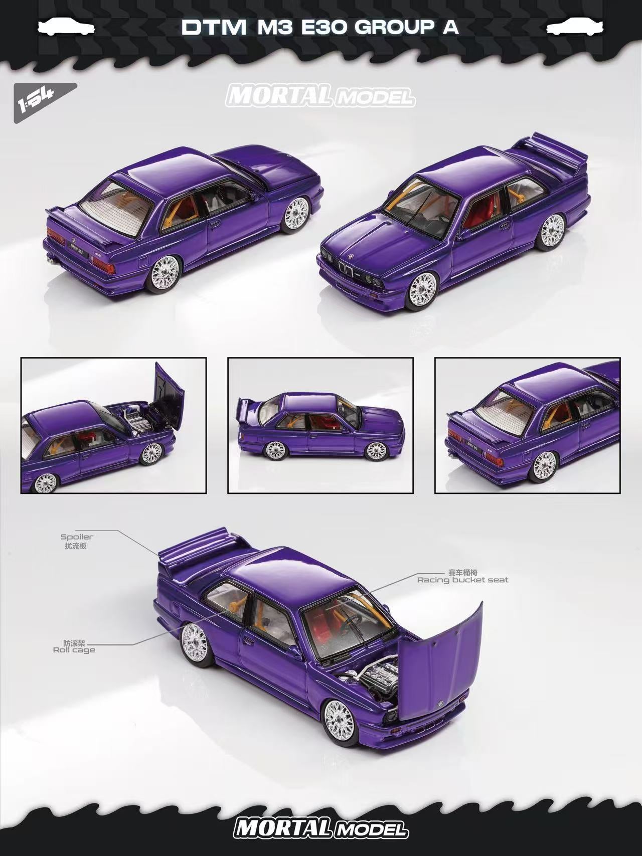 Purple car model with multiple views and details on a white background