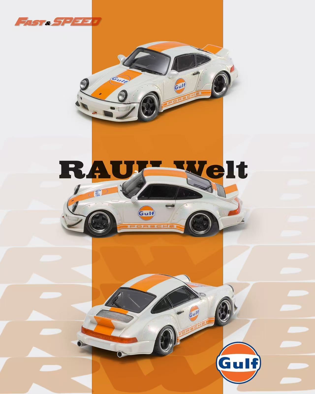 Three model cars with Gulf livery on an orange and beige background, featuring the 'Fast & Speed' brand.
