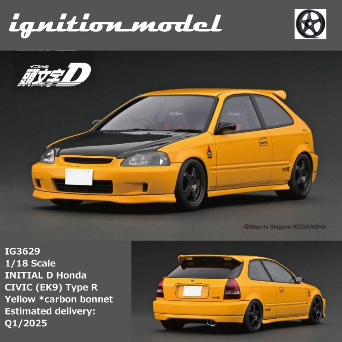 Ignition Model 1:18 Initial D Honda Civic (EK9) Type R Yellow Carbon Bonnet