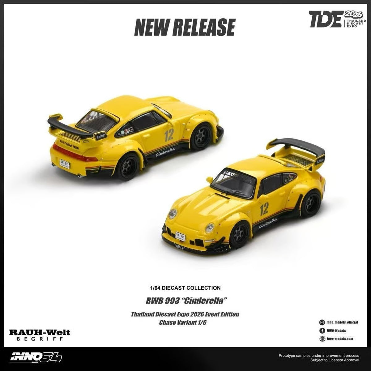 INNO64 RWB 993 Cinderella yellow 1:64 diecast model shown from front and rear angles, Thailand Diecast Expo 2026 Event Edition