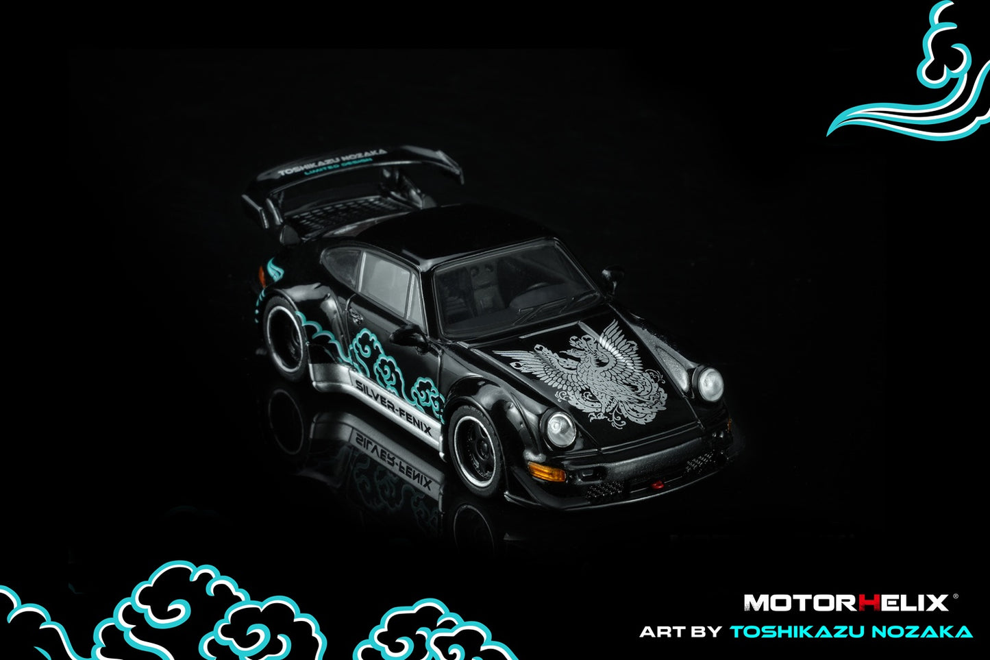 Toy car with black and white design on a dark background, featuring MotorHelix branding.