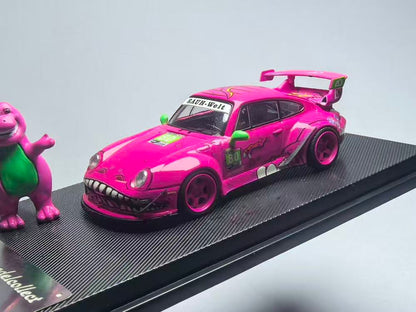 Pink model car with a dinosaur toy on a black platform