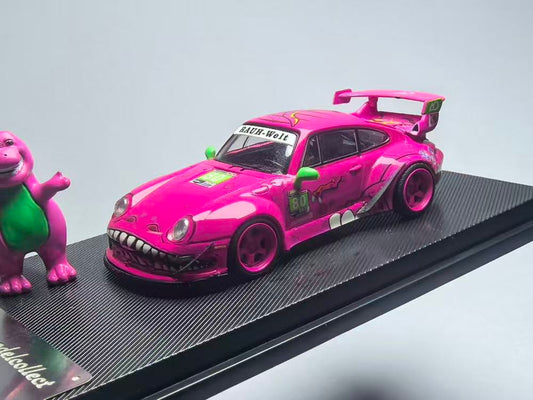 Pink model car with a dinosaur toy on a black platform