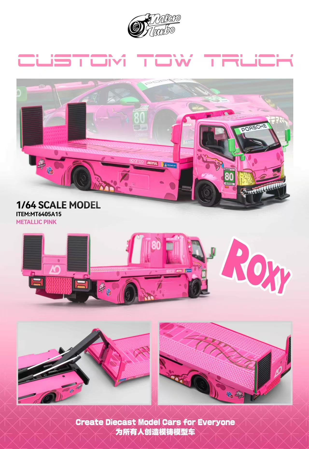 Pink custom tow truck model with 'Roxy' branding on a pink background