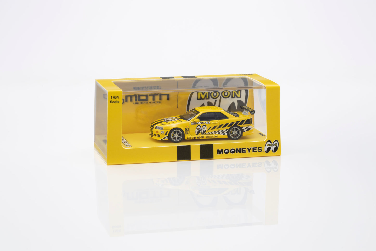 A yellow and black die-cast model car in its original packaging, featuring the Mooneyes logo and 'MOON' branding on a clean white background.