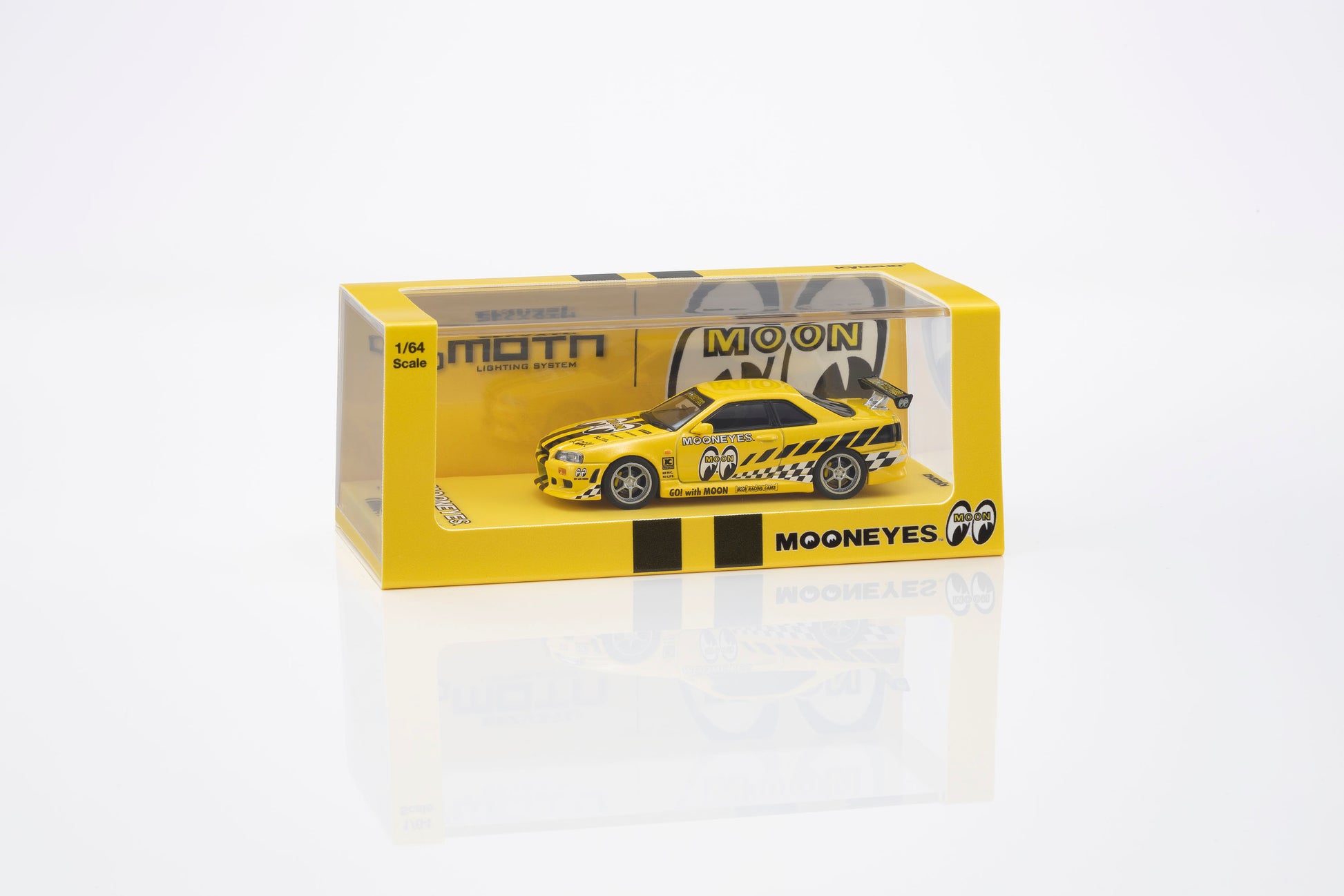 A yellow and black die-cast model car in its original packaging, featuring the Mooneyes logo and 'MOON' branding on a clean white background.