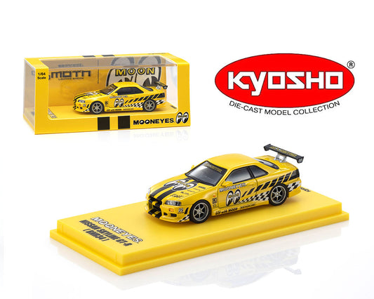 A yellow Kyosho die-cast model car displayed on a matching yellow base, with its retail box shown in the upper left and a Kyosho logo in the upper right. The car features black and white racing graphics and the number 66.