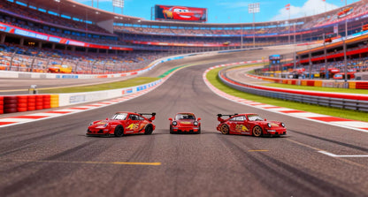 Three red race cars on a racetrack with a stadium in the background