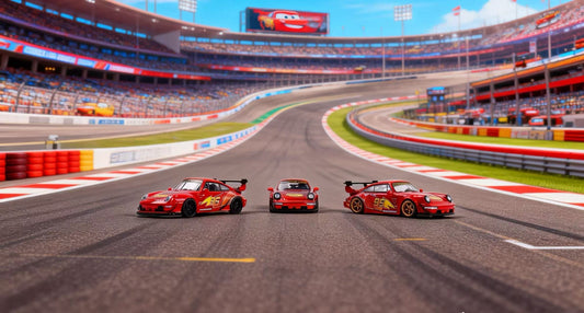 Three red race cars on a racetrack with a stadium in the background
