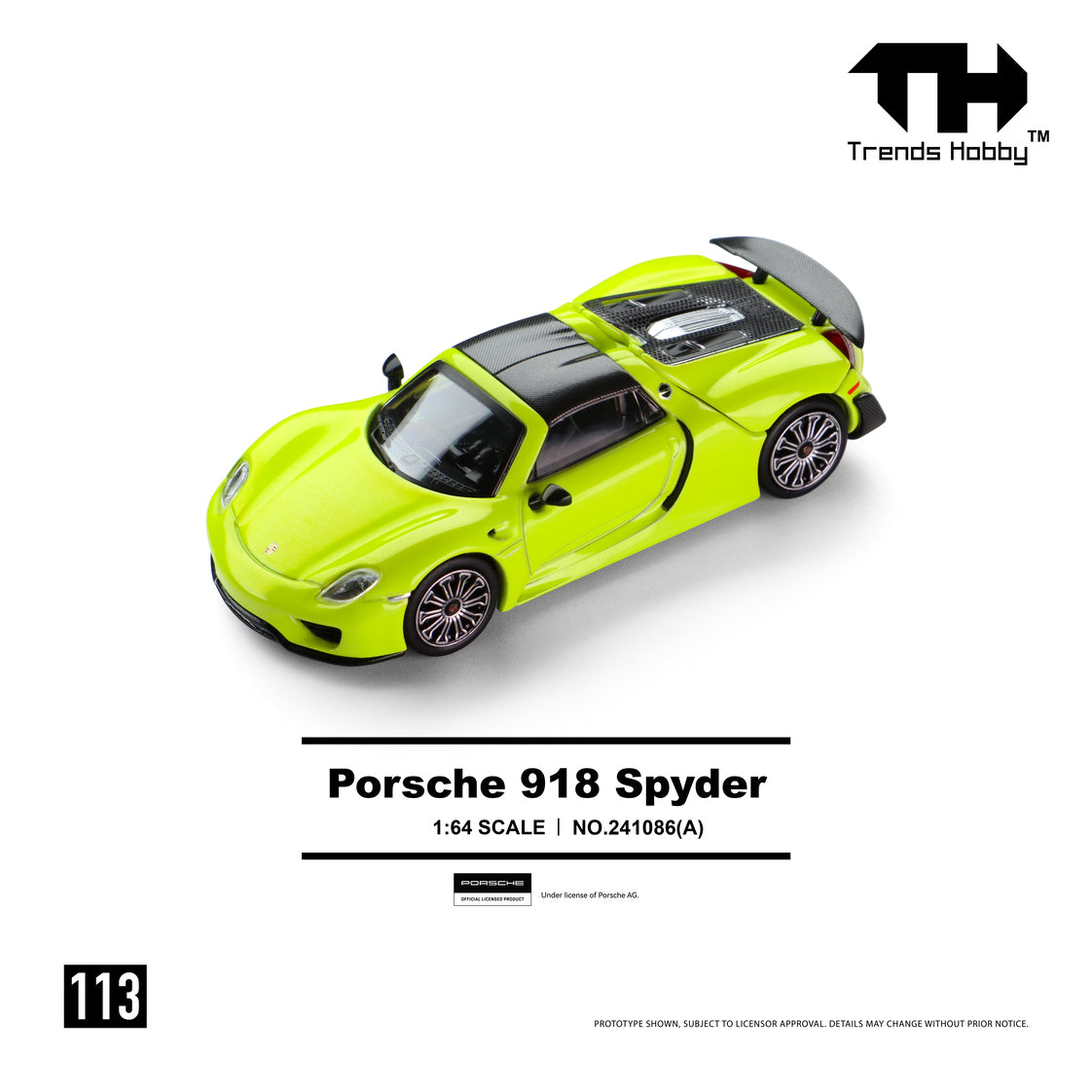 A lime green Porsche 918 Spyder model car at 1:64 scale. It features detailed design elements like a carbon-fiber roof. The brand logo is in the top right.
