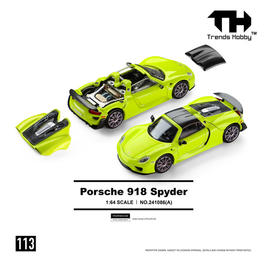 Bright green 1:64 scale Porsche 918 Spyder models with detailed interior and removable parts. One car has an open hood, showcasing the engine.