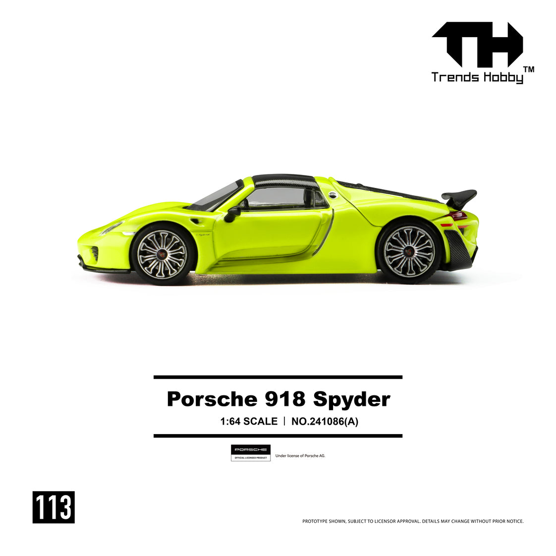 Scale model of a bright yellow Porsche 918 Spyder, 1:64 scale, side view. Features sharp lines and a sporty spoiler. Text reads "Porsche 918 Spyder."