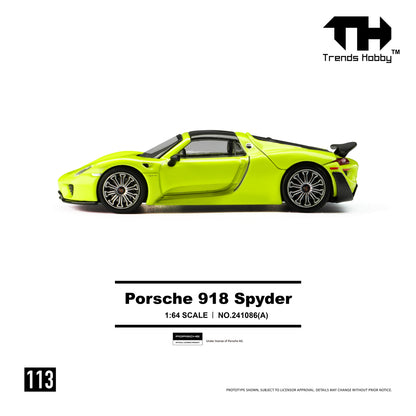 Scale model of a bright yellow Porsche 918 Spyder, 1:64 scale, side view. Features sharp lines and a sporty spoiler. Text reads "Porsche 918 Spyder."