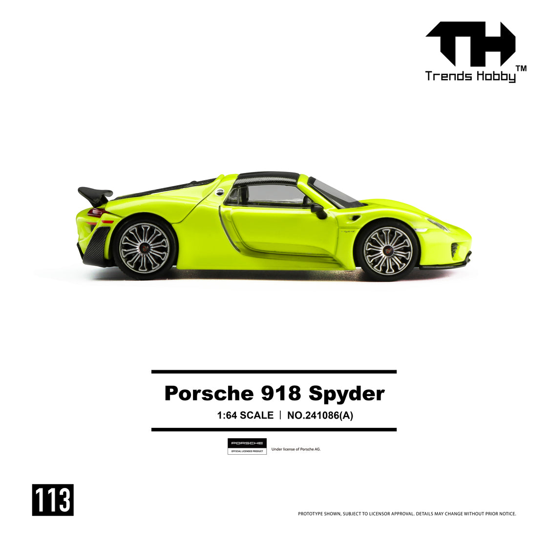Alt text: "Lime green model of a Porsche 918 Spyder, side view, on white background. Text below reads 'Porsche 918 Spyder, 1:64 scale.' Trends Hobby logo in top right."