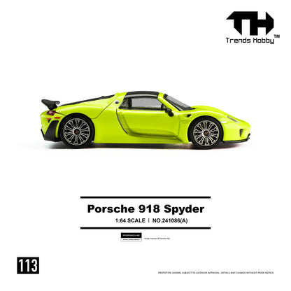 Alt text: "Lime green model of a Porsche 918 Spyder, side view, on white background. Text below reads 'Porsche 918 Spyder, 1:64 scale.' Trends Hobby logo in top right."