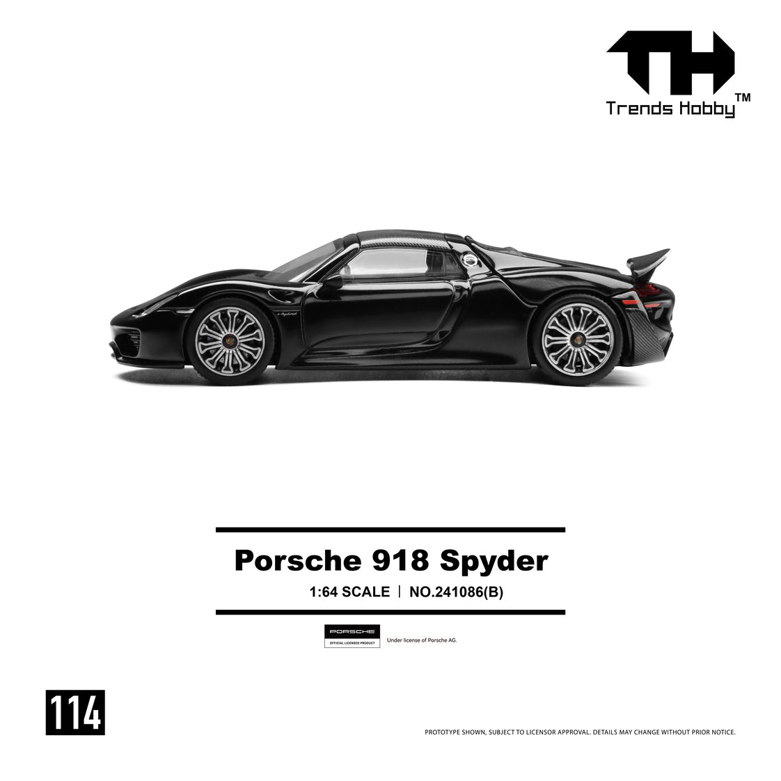 A sleek black Porsche 918 Spyder scale model car is shown in side profile on a white background, conveying elegance and high performance.
