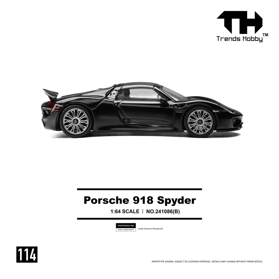 Sleek black Porsche 918 Spyder model car on white background, shown in side profile. Text includes "Porsche 918 Spyder" and "1:64 SCALE."