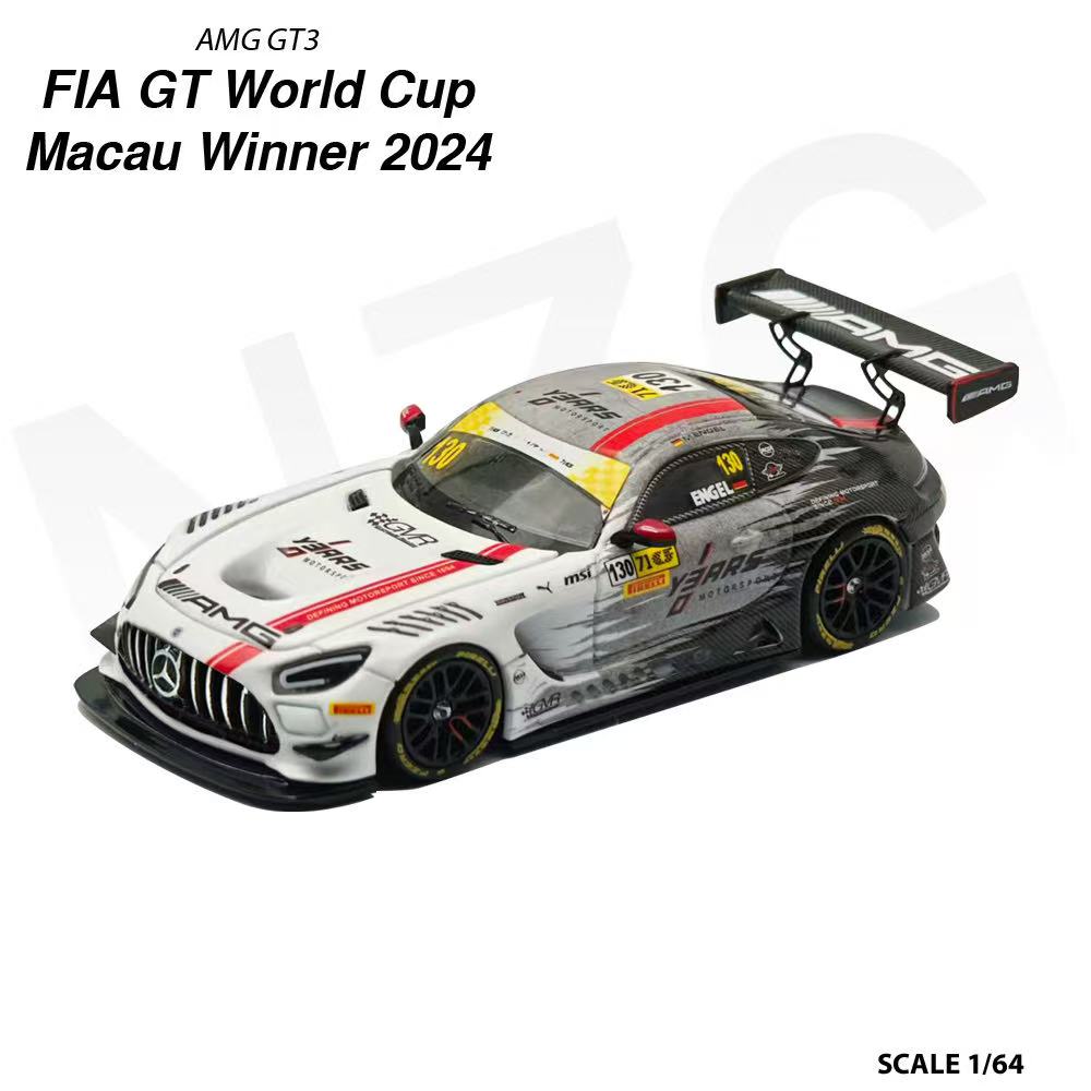 Model of a race car with branding and text indicating it's a winner of the FIA GT World Cup Macau 2024.