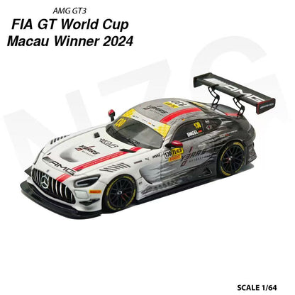 Model of a race car with branding and text indicating it's a winner of the FIA GT World Cup Macau 2024.