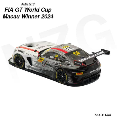 Model car of a racing car with branding and text on a white background