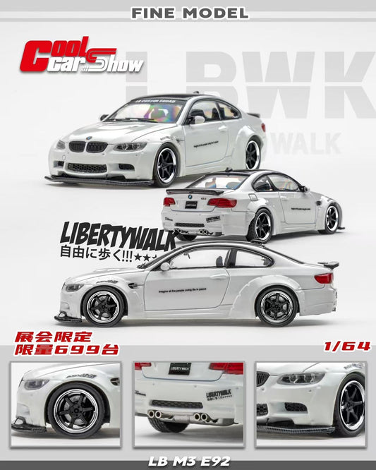 Model car of BMW M3 E92 with Liberty Walk modifications, displayed on a white background.