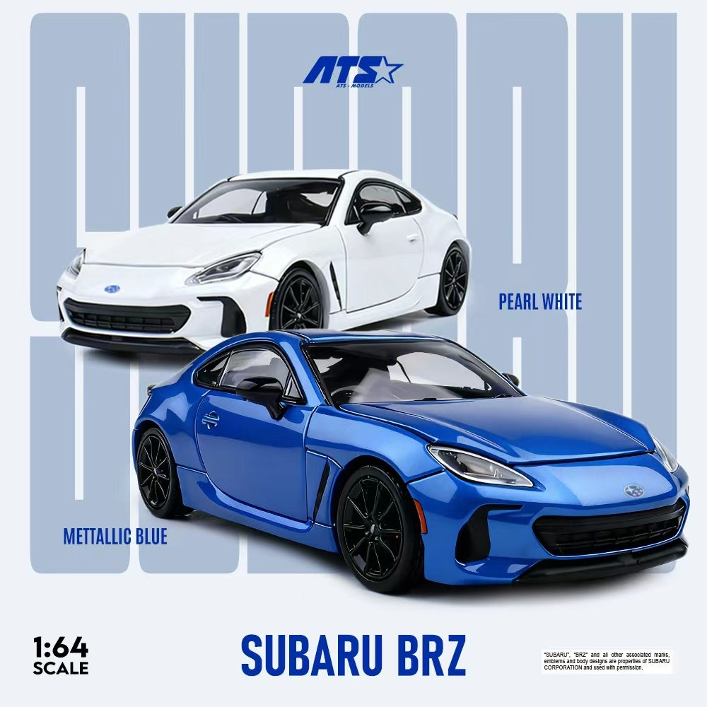 Model Subaru BRZ cars in pearl white and metallic blue on a light gray background with ATS logo.