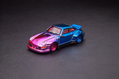 Colorful model car on a dark gray background