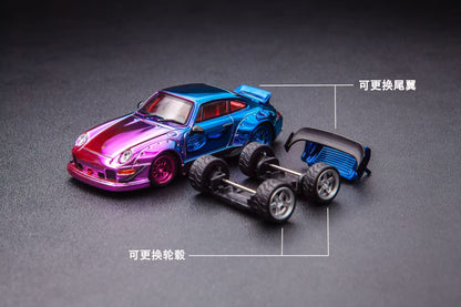 Model car with detachable parts on a dark surface