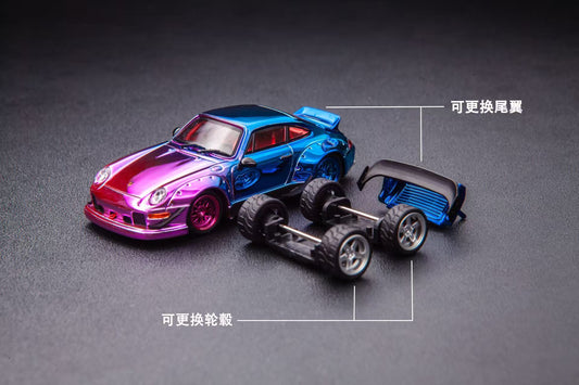 Model car with detachable parts on a dark surface
