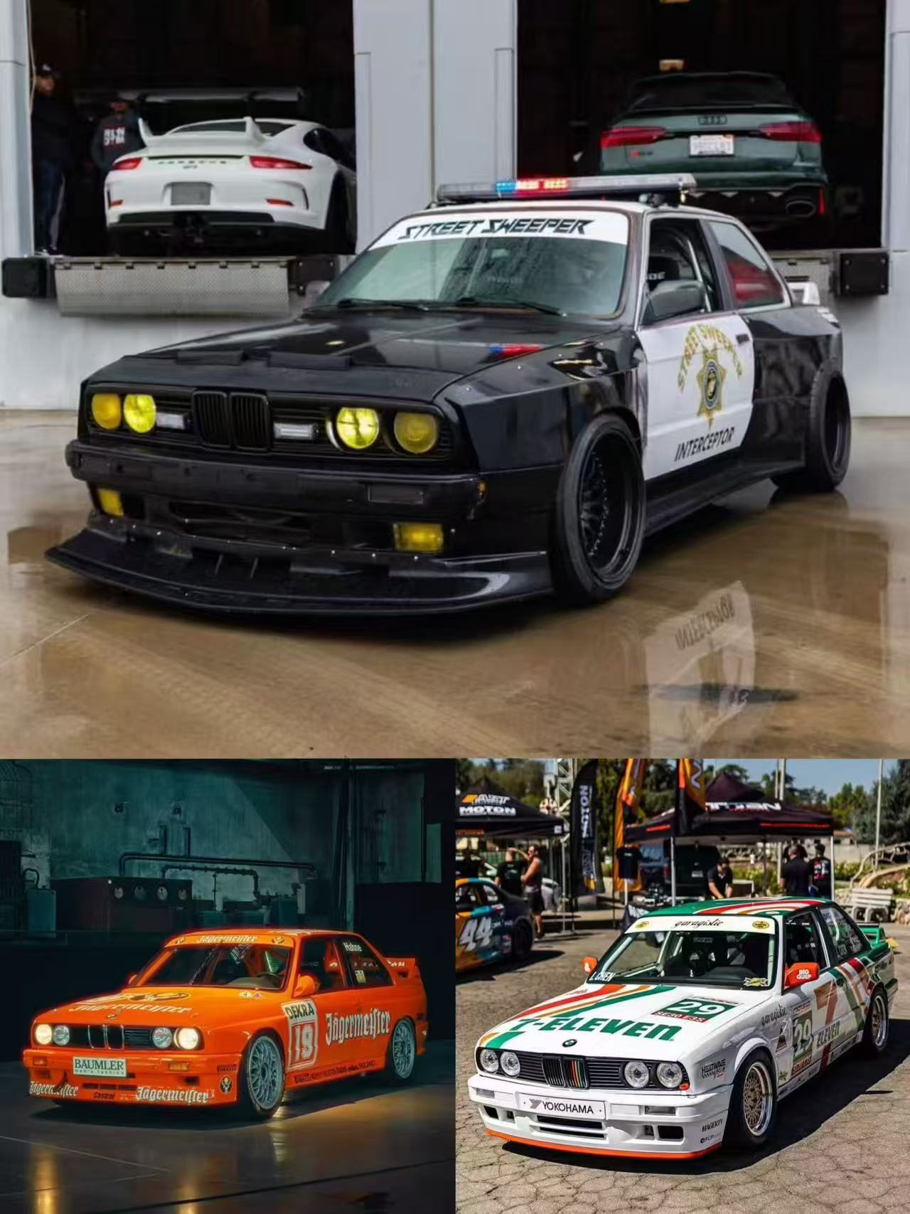 Collage of various cars including a black police car, orange race car, and white race car with green accents.