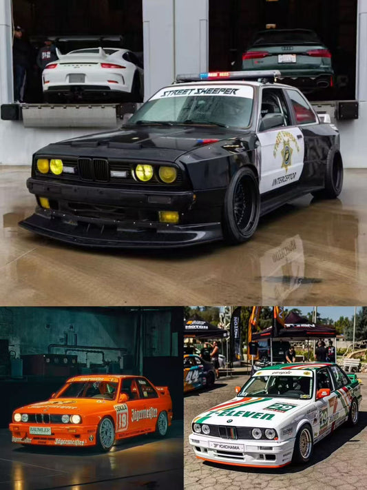 Collage of various cars including a black police car, orange race car, and white race car with green accents.